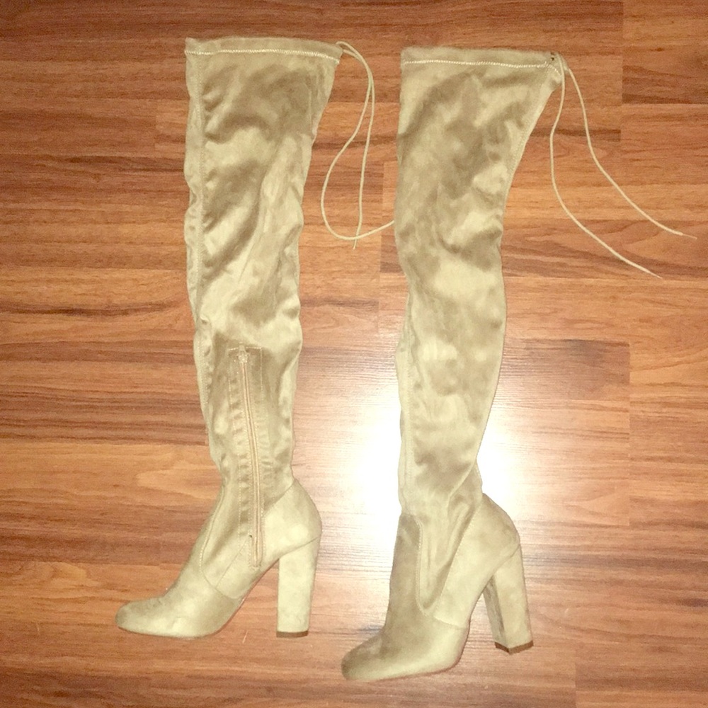 Tan suede thigh high boots